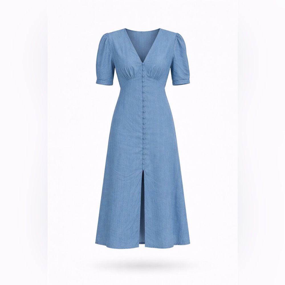 Only | S | V-Neck Button-Front Denim 100% Lyocell Midi Dress - Blue - Picture 2 of 5